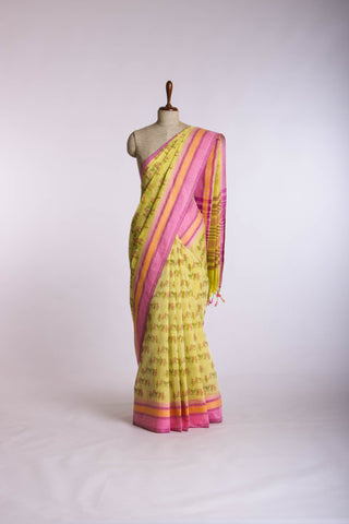 Alikam Khadi-Cotton saree in Mint Green and Block Print of Birds