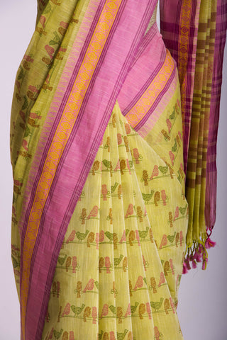 Alikam Khadi-Cotton saree in Mint Green and Block Print of Birds