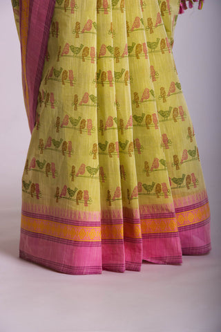 Alikam Khadi-Cotton saree in Mint Green and Block Print of Birds