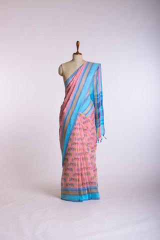 Alikam Khadi-Cotton saree in Mint Green and Block Print of Birds