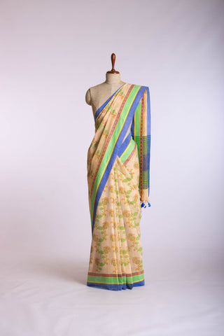 Alikam Khadi-Cotton saree in Sand Beige color and Floral Print.