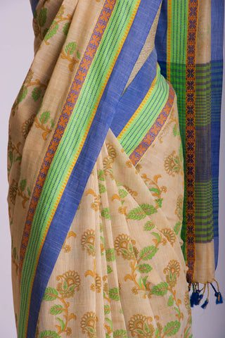 Alikam Khadi-Cotton saree in Sand Beige color and Floral Print.