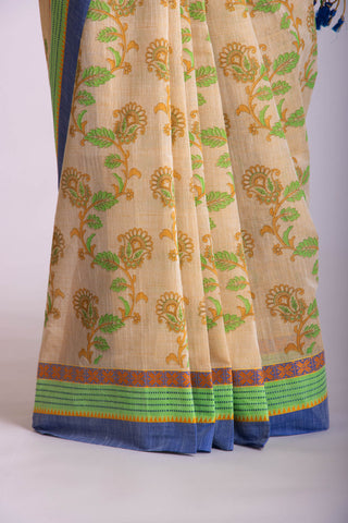 Alikam Khadi-Cotton saree in Sand Beige color and Floral Print.