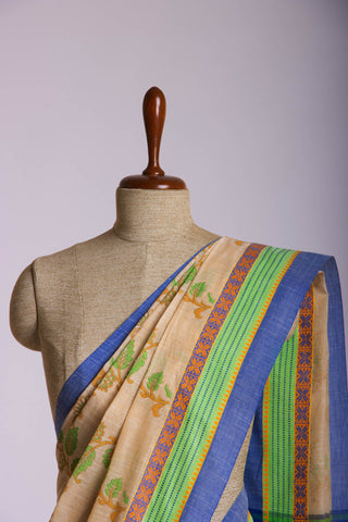 Alikam Khadi-Cotton saree in Sand Beige color and Floral Print.