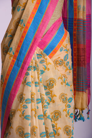 Alikam Khadi-Cotton saree in Sand Beige color and Floral Print.