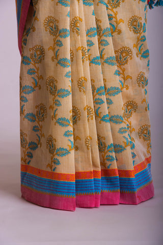 Alikam Khadi-Cotton saree in Sand Beige color and Floral Print.