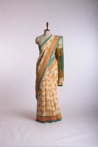 Alikam Khadi-Cotton saree in Sand Beige color and Floral Print.