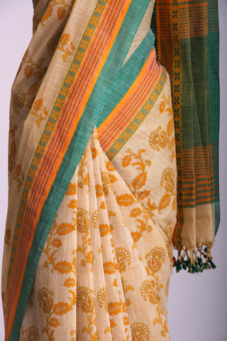 Alikam Khadi-Cotton saree in Sand Beige color and Floral Print.