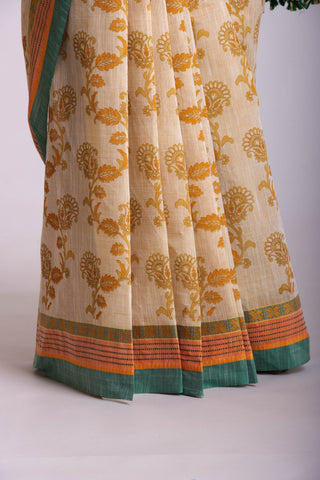 Alikam Khadi-Cotton saree in Sand Beige color and Floral Print.