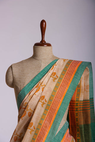 Alikam Khadi-Cotton saree in Sand Beige color and Floral Print.