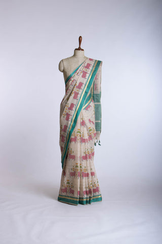 Ikkath Cotton saree in buff Beige with Pichwai floral print