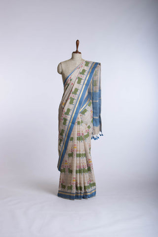 Ikkath Cotton saree in buff Beige with Pichwai floral print