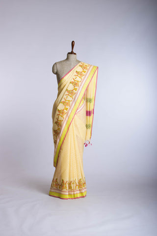 Alikam Khadi-Cotton saree in Buff Yellow and handprint with Thanjavur Figures.