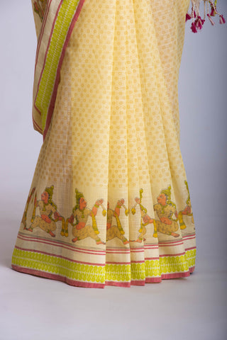 Alikam Khadi-Cotton saree in Buff Yellow and handprint with Thanjavur Figures.