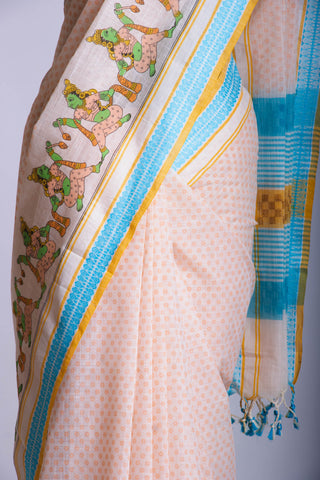 Alikam Khadi-Cotton saree in Buff Yellow and handprint with Thanjavur Figures.