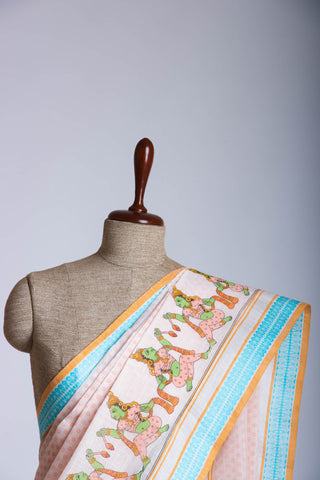 Alikam Khadi-Cotton saree in Buff Yellow and handprint with Thanjavur Figures.