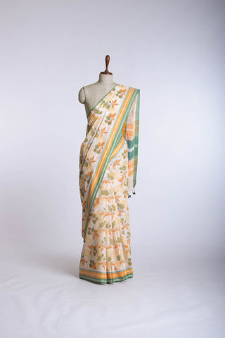 Alikam Khadi-Cotton saree in Yellow beige and Floral print