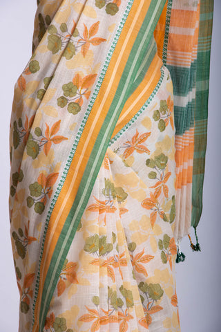 Alikam Khadi-Cotton saree in Yellow beige and Floral print