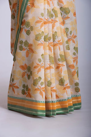 Alikam Khadi-Cotton saree in Yellow beige and Floral print