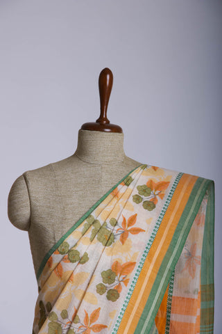 Alikam Khadi-Cotton saree in Yellow beige and Floral print