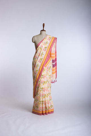 Alikam Khadi-Cotton saree in Yellow beige and Floral print