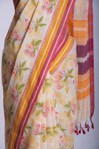 Alikam Khadi-Cotton saree in Yellow beige and Floral print