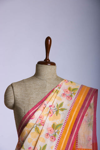 Alikam Khadi-Cotton saree in Yellow beige and Floral print