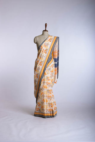 Alikam Khadi-Cotton saree in Yellow beige and Floral print