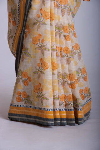 Alikam Khadi-Cotton saree in Yellow beige and Floral print