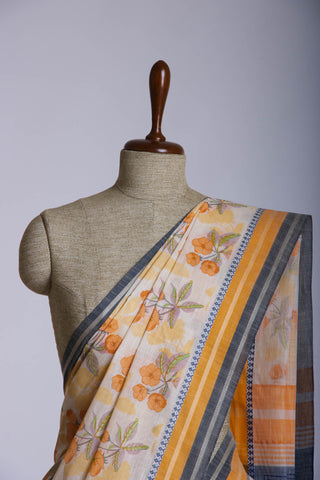 Alikam Khadi-Cotton saree in Yellow beige and Floral print