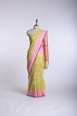 Gadwal Cotton saree in Blonde Green with kalamkari floral print.