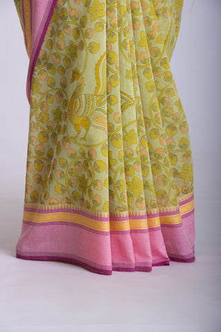 Gadwal Cotton saree in Blonde Green with kalamkari floral print.