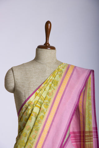 Gadwal Cotton saree in Blonde Green with kalamkari floral print.