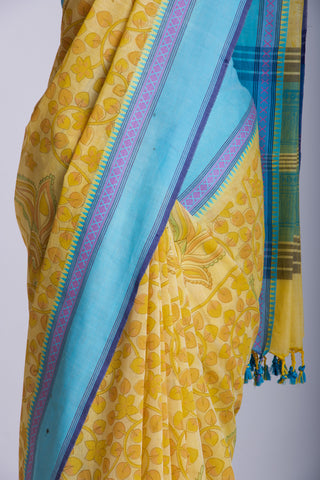 Gadwal Cotton saree in Blonde Green with kalamkari floral print.