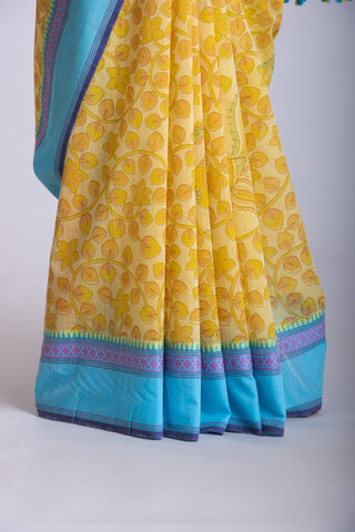 Gadwal Cotton saree in Blonde Green with kalamkari floral print.