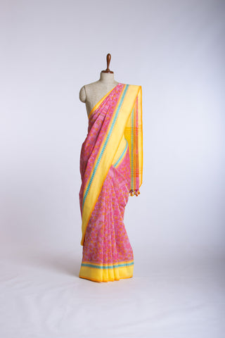 Gadwal Cotton saree in Blonde Green with kalamkari floral print.