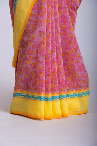 Gadwal Cotton saree in Blonde Green with kalamkari floral print.