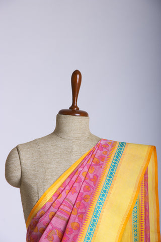 Gadwal Cotton saree in Blonde Green with kalamkari floral print.