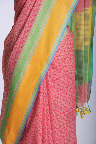 Chettinadu cotton saree in French pink with floral jaal handprint.