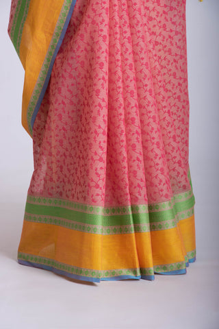 Chettinadu cotton saree in French pink with floral jaal handprint.