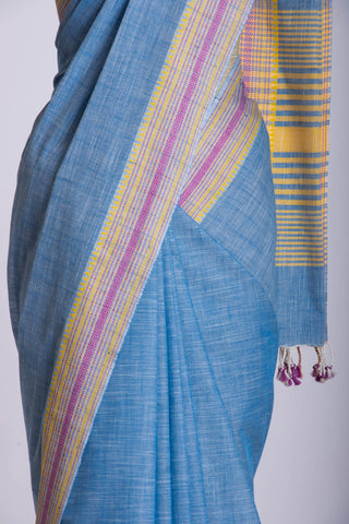 Alikam Khadi Cotton saree  in lime green with white slub texture.