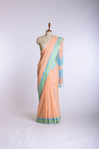 Alikam Khadi Cotton saree  in lime green with white slub texture.