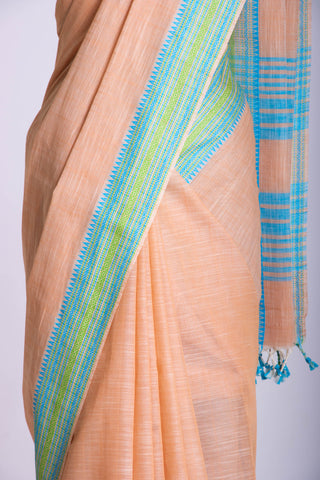 Alikam Khadi Cotton saree  in lime green with white slub texture.