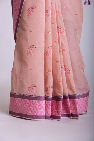 Venkatagiri Cotton saree in Neem Green with Floral hand embroidery