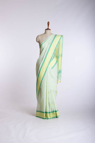 Venkatagiri Cotton saree in Neem Green with Floral hand embroidery