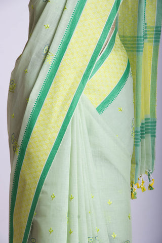 Venkatagiri Cotton saree in Neem Green with Floral hand embroidery