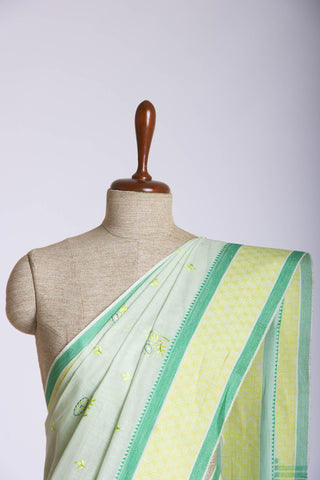 Venkatagiri Cotton saree in Neem Green with Floral hand embroidery