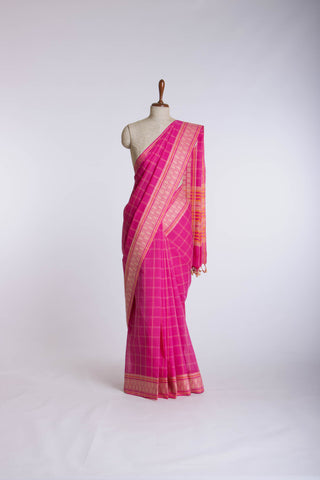 Venkatagiri Cotton saree in Rani pink with woven checks