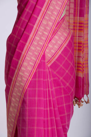 Venkatagiri Cotton saree in Rani pink with woven checks