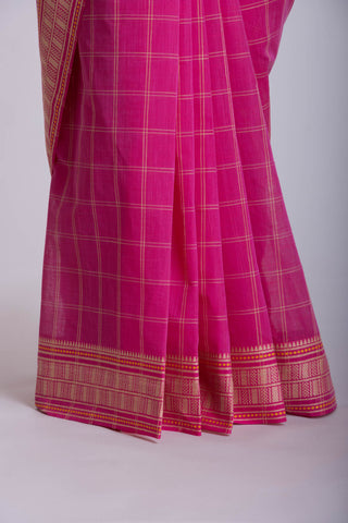 Venkatagiri Cotton saree in Rani pink with woven checks